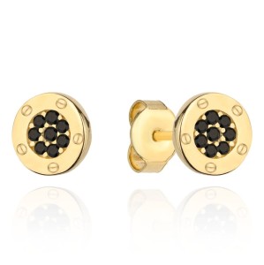 Kolczyki złote kółeczka z czarnym kamieniem i zdobieniem