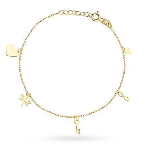 Bransoletka na nogę z elementami serce, ważka, kluczyk, nieskończoność i romb