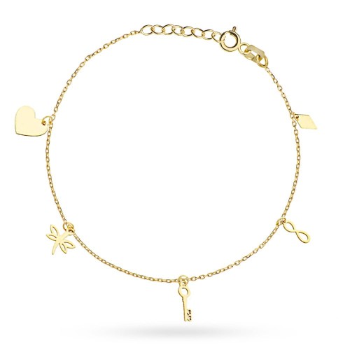 Bransoletka na nogę z elementami serce, ważka, kluczyk, nieskończoność i romb