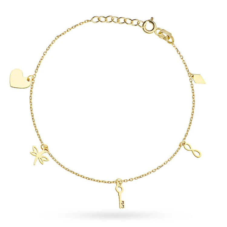 Bransoletka na nogę z elementami serce, ważka, kluczyk, nieskończoność i romb