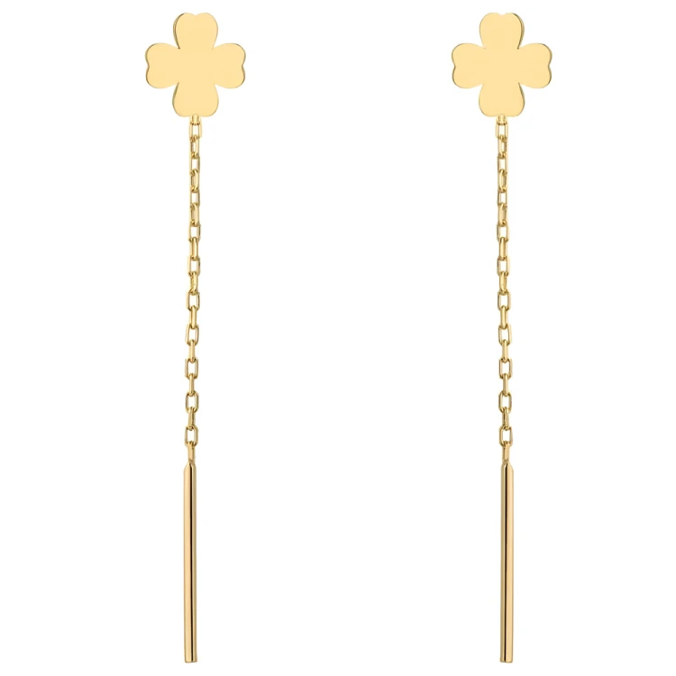 Złote Kolczyki Przewlekane Koniczynki 585 – Długie Kolczyki Ze Złota Próby 585.jpg