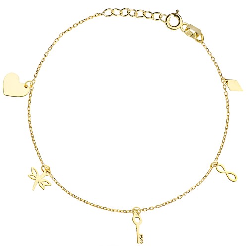 Bransoletka Na Nogę Złota 585 Zawieszki Serce Ważka Kluczyk Nieskończoność.jpg