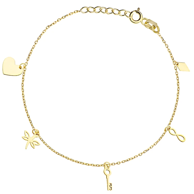 Bransoletka Na Nogę Złota 585 Zawieszki Serce Ważka Kluczyk Nieskończoność.jpg