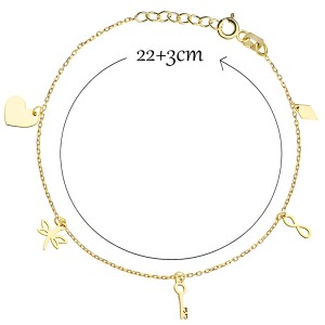 Bransoletka Na Nogę Złota 585 Zawieszki Serce Ważka Kluczyk Nieskończoność.jpg