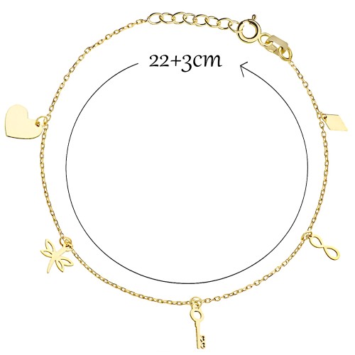 Bransoletka Na Nogę Złota 585 Zawieszki Serce Ważka Kluczyk Nieskończoność.jpg