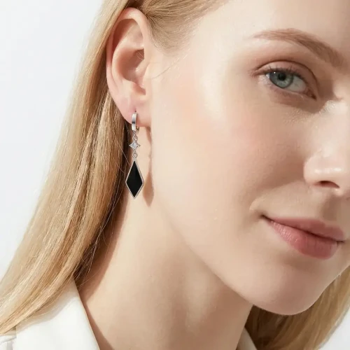 Kolczyki Wiszące Stal 316L Czarny Onyks Długie Romby z Cyrkoniami.webp