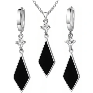 Komplet Damski Stal 316L Onyks Czarny Romby z  Cyrkoniami Elegancki Zestaw.webp