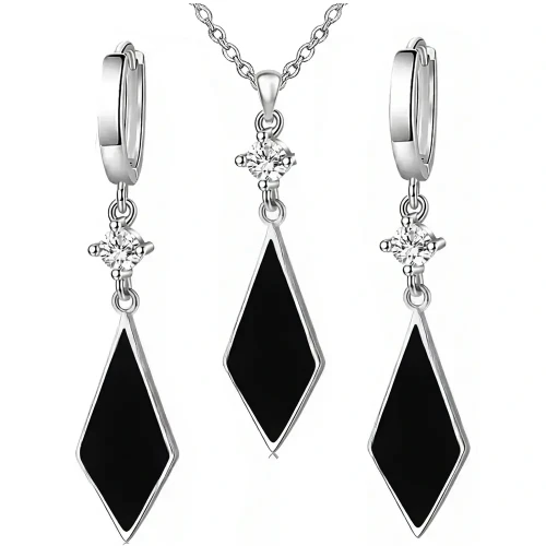 Komplet Damski Stal 316L Onyks Czarny Romby z  Cyrkoniami Elegancki Zestaw.webp