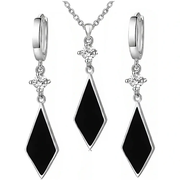 Komplet Damski Stal 316L Onyks Czarny Romby z  Cyrkoniami Elegancki Zestaw.webp