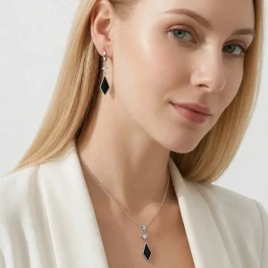 Komplet Damski Stal 316L Onyks Czarny Romby z  Cyrkoniami Elegancki Zestaw.webp