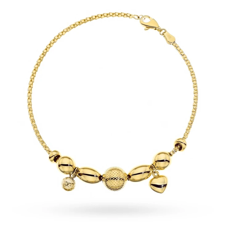Bransoletka złota z kulkami i sercem zdobiona diamentowaniem