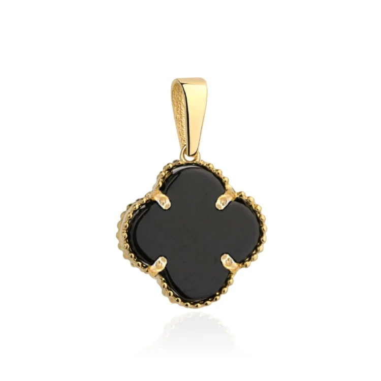 Zawieszka czarna koniczynka w oprawie złotych kuleczek 10 mm