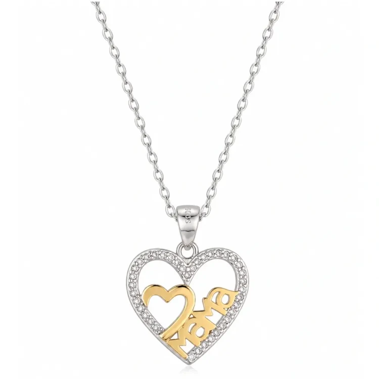 Naszyjnik Srebrny 925 Serce Mama Dwukolorowy Cyrkonie Łańcuszek.webp