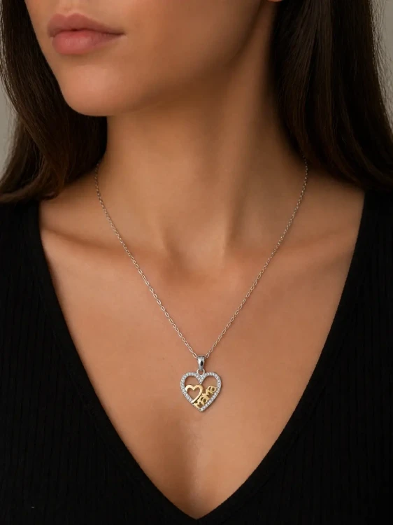 Naszyjnik Srebrny 925 Serce Mama Dwukolorowy Cyrkonie Łańcuszek.webp