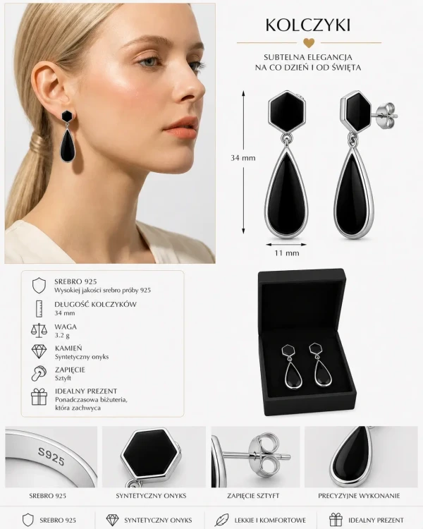 Kolczyki Srebrne 925 Krople z Onyksem Czarne Wiszące Eleganckie Długie.webp