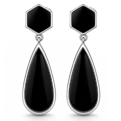 Kolczyki Srebrne 925 Krople z Onyksem Czarne Wiszące Eleganckie Długie.webp