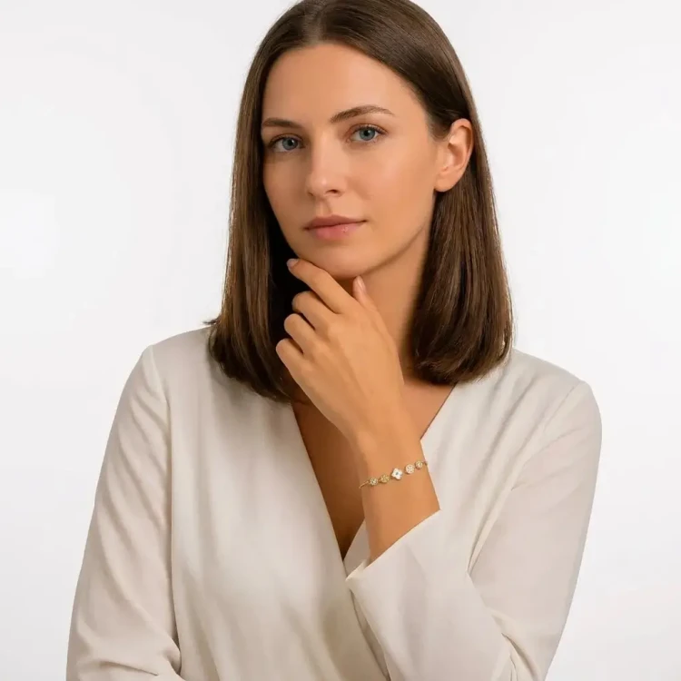 Bransoletka Damska Srebro 925 Pozłacana z Masą Perłową