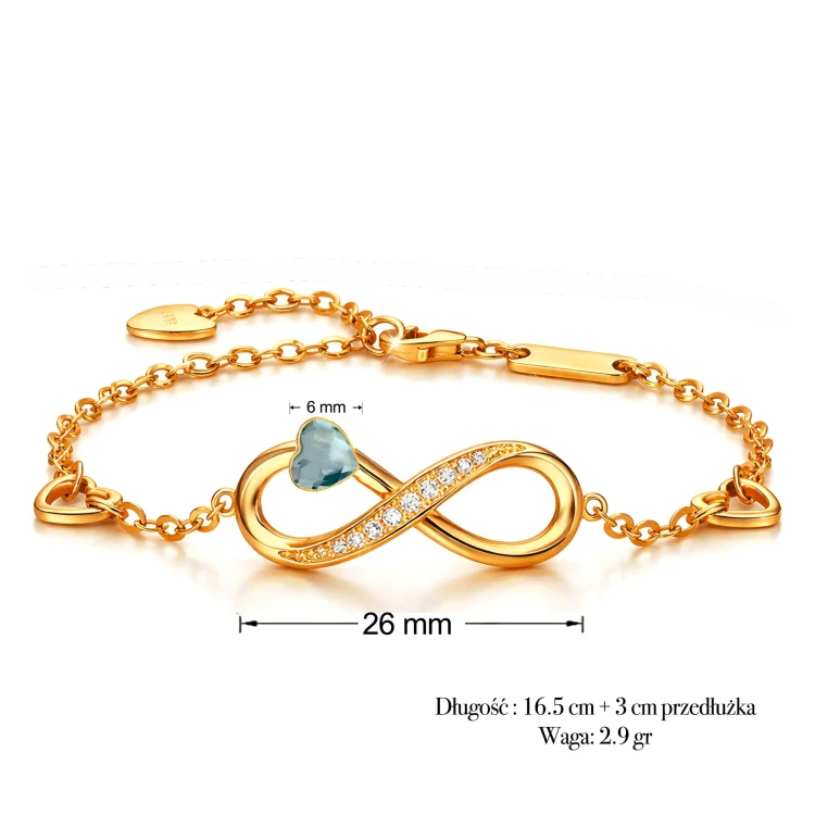 Bransoletka Infinity Srebro 925 Pozłacane z Kryształem Light Sapphire i Cyrkoniami.webp