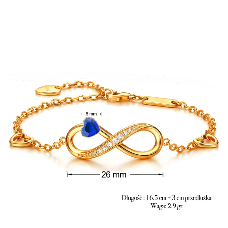 Bransoletka Infinity Srebro 925 Pozłacane z Kryształem Majestic Blue i Cyrkoniami.webp