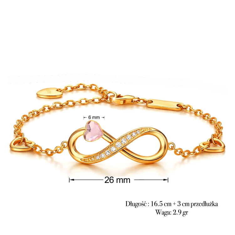 Bransoletka Infinity Srebro 925 Pozłacane z Kryształem Rose i Cyrkoniami.webp