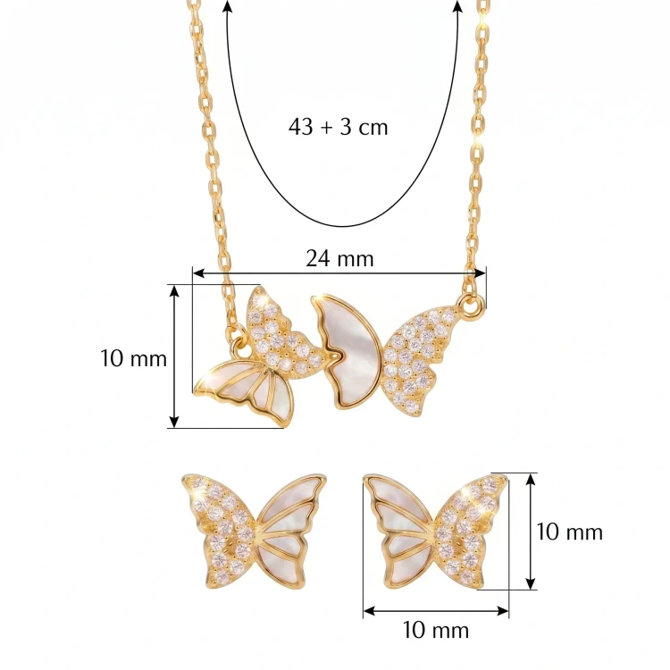 Elegancki komplet damski motyle srebro 925 pozłacane 24K