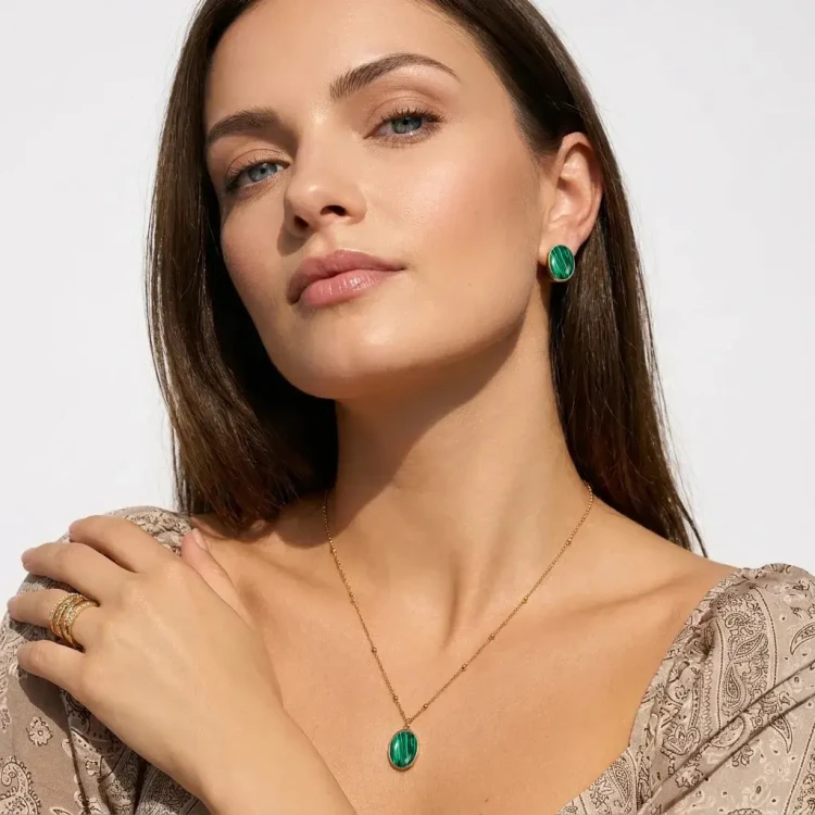 Biżuteria srebrna 925 pozłacana 24K z naturalnym malachitem.webp