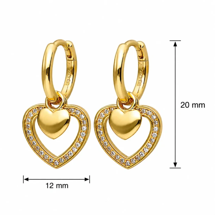 Kolczyki z podwójnym sercem i cyrkoniami 20 × 12 mm