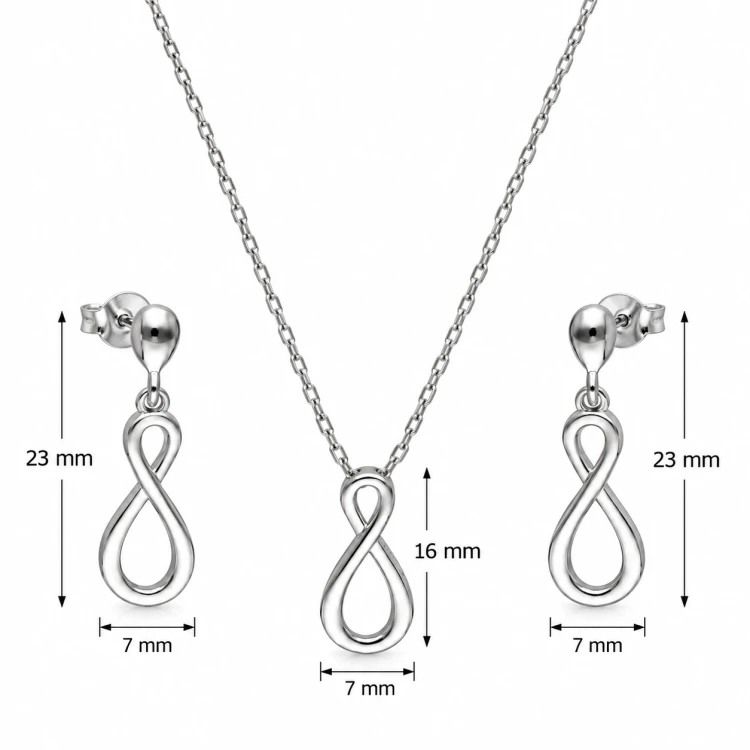Grafika produktowa na białym tle z naniesionymi wymiarami: kolczyki (23 mm wysokości, 7 mm szerokości) oraz wisiorek (16 mm wysokości, 7 mm szerokości).webp