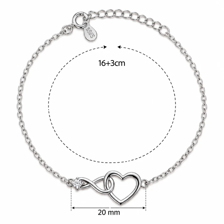 Srebrna bransoletka 925 rodowana z sercem i symbolem nieskończoności, długość 16+3 cm, element ozdobny 20 mm.jpg