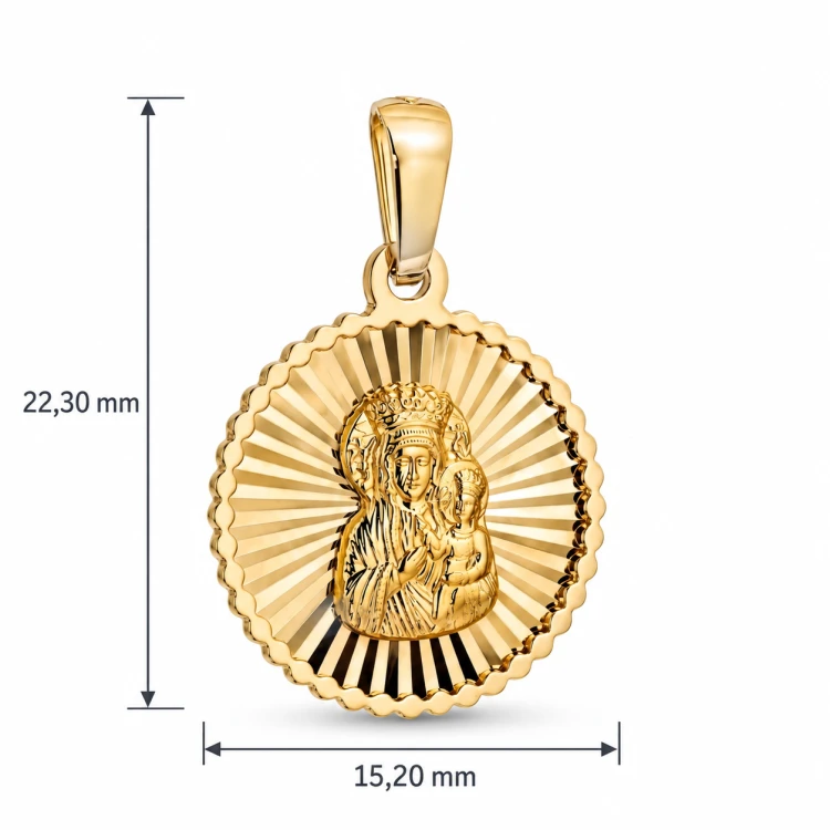 Okrągły medalik ze złota próby 585 z promienistym zdobieniem.png