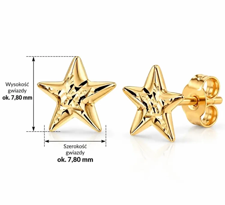 Złote kolczyki 14K gwiazdki z błyszczącą powierzchnią