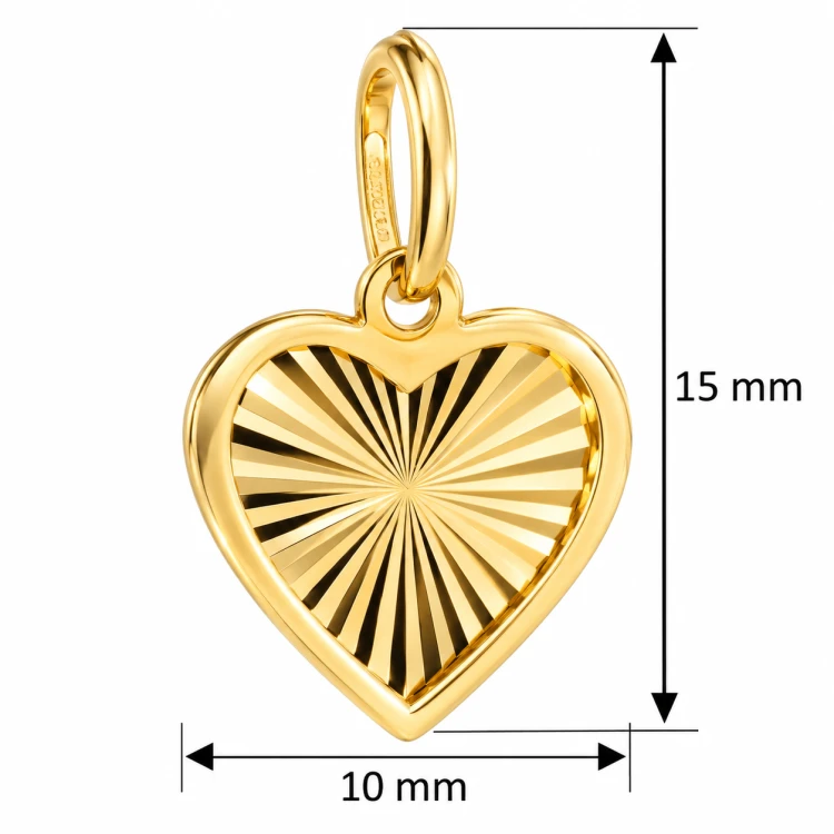 Wymiary złotej zawieszki serce: wysokość 15 mm, szerokość 10 mm diamentowana zawieszka do łańcuszka.png