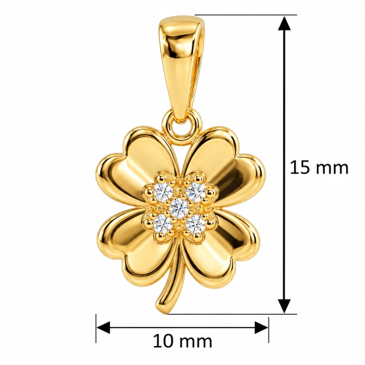 Wymiary złotej zawieszki koniczynka z cyrkoniami: wysokość 15 mm, szerokość 10 mm.png