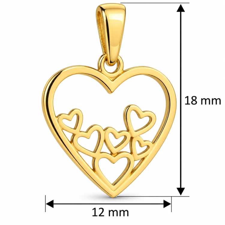 Wymiary złotej zawieszki serce z małymi serduszkami: wysokość 18 mm, szerokość 12 mm.png