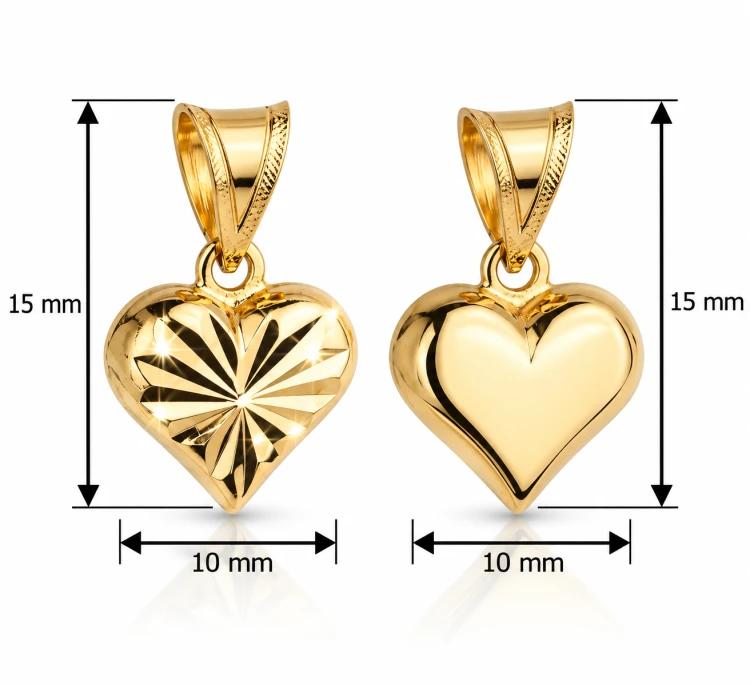 Wymiary zestawu złotych zawieszek serce: wysokość 15 mm, szerokość 10 mm – diamentowana i gładka zawieszka.png