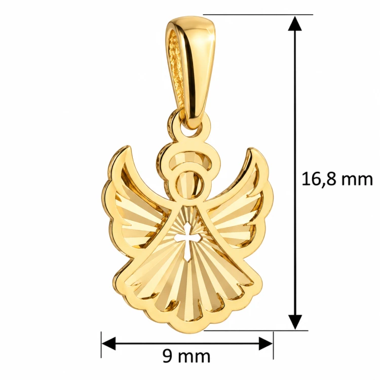Wymiary złotej zawieszki Aniołek na Chrzest: wysokość 16,8 mm, szerokość 9 mm.png