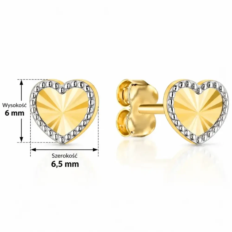 Złote kolczyki wkrętki diamentowane serduszka 6 mm