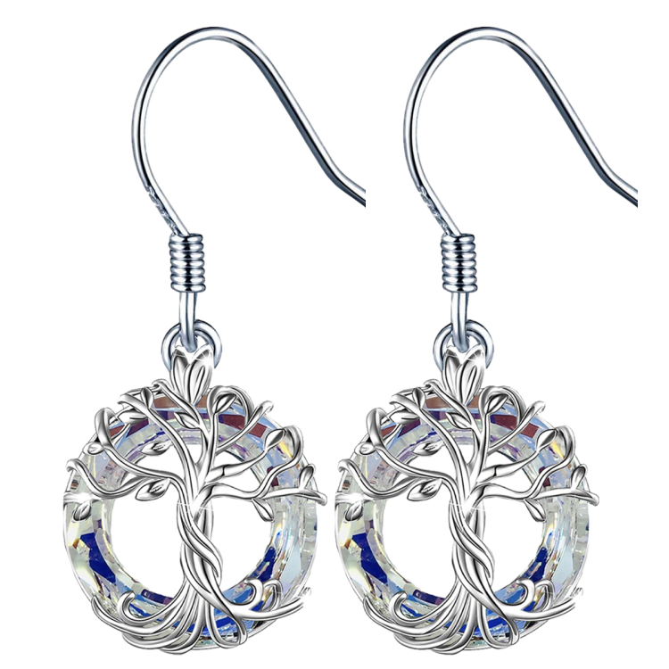 Srebrne Długie Damskie Kolczyki Haki Drzewo Życia Srebro 925 Crystal AB Prezent na Dzień Matki Urodziny.png