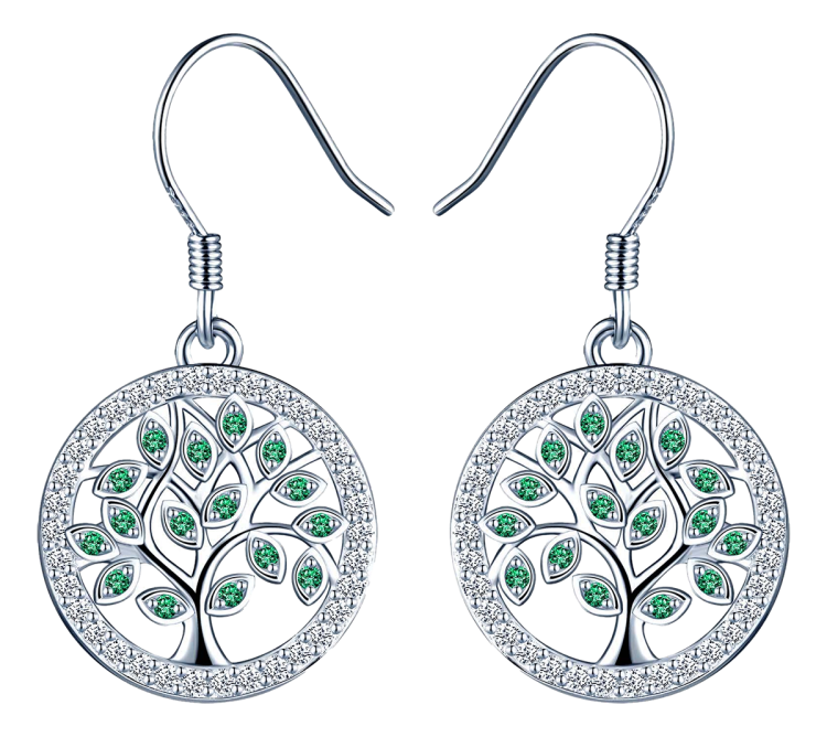 Srebrne Długie Damskie Kolczyki Drzewo Życia Szczęścia z Cyrkoniam -Emerald - Przent na Dzień Matki Dzień Kobiety Srebro 925.png