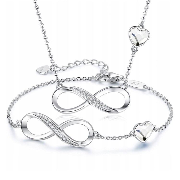 Srebrny Komplet Infinity Bransoletka Naszyjnik Srebro 925 - Crystal - Prezent na Rocznice Dla Kobiety