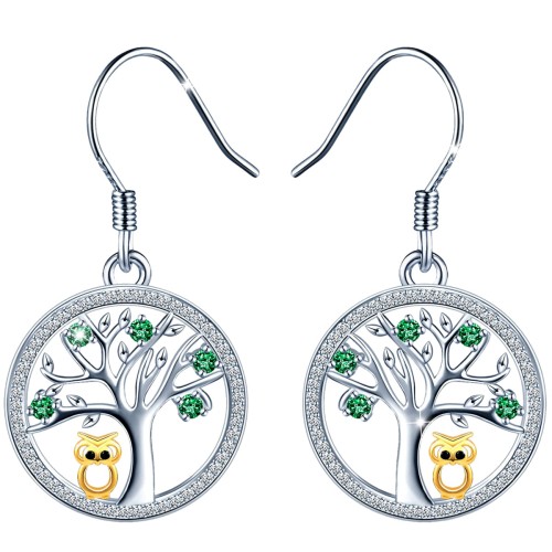 Srebrne Długie Kolczyki z Cyrkoniami Sowa Drzewo Życia - Emerald - Prezent na Rocznice Urodziny - Srebro 925.jpg