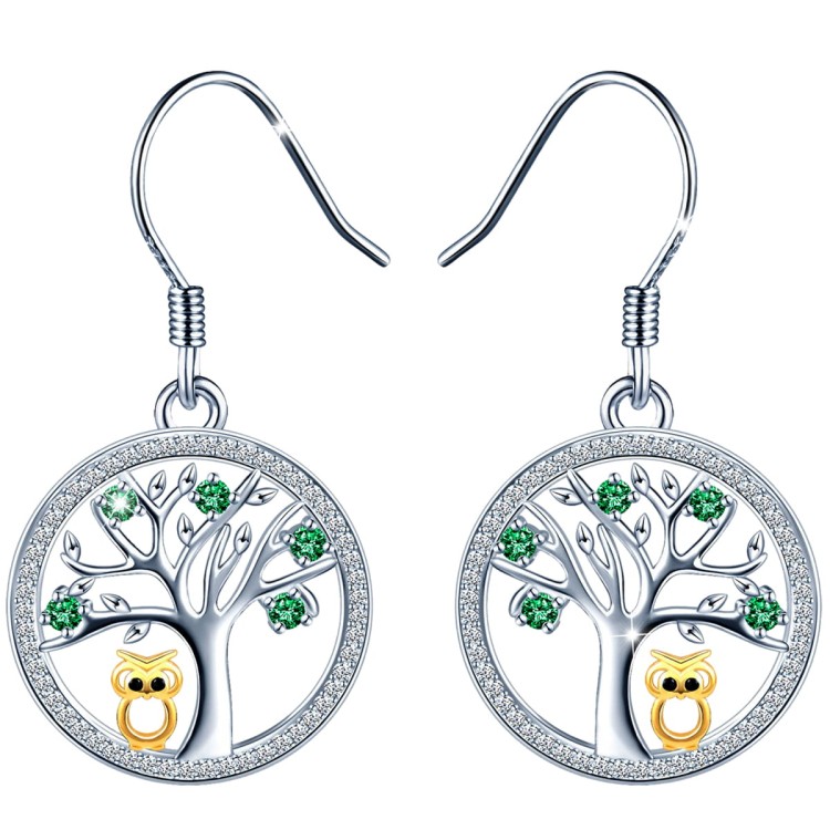 Srebrne Długie Kolczyki z Cyrkoniami Sowa Drzewo Życia - Emerald - Prezent na Rocznice Urodziny - Srebro 925.jpg