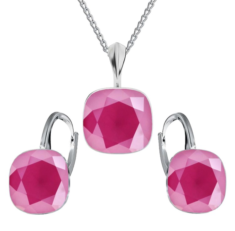 Srebrny Komplet Square Kolczyki Naszyjnik  Prezent na Walentynki Dzień Kobiet - Srebro 925 - Peony Pink