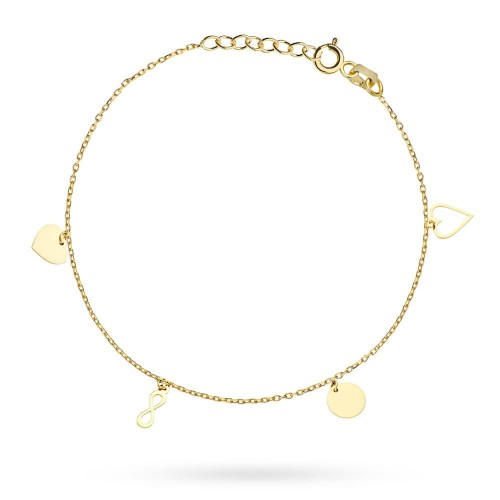 Złota Bransoletka z Elementami Serce Pełne, Nieskończoność, Kółko Pełne, Serce Kontur - Złoto 585 - Prezent na Urodziny.jpg