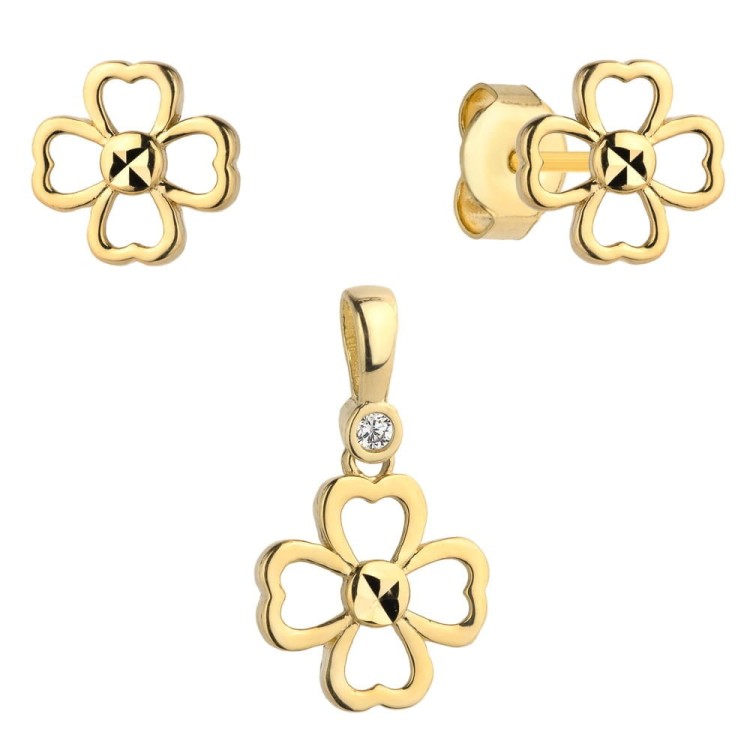 Złoty Komplet Kolczyki + Zawieszka Z Cyrkonią Czterolistna Koniczynka - Złoto 585 - Prezent na Urodziny.jpg