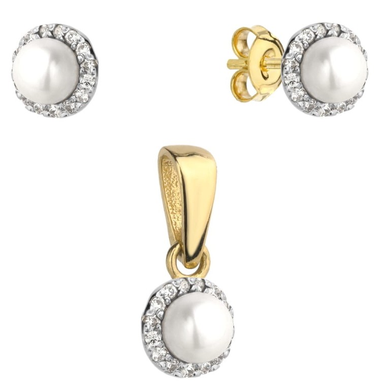 Złoty Komplet Kolczyki + Zawieszka Perełka w Oprawie Cyrkonii - Złoto 585 - Prezent na Dzień Matki.jpg