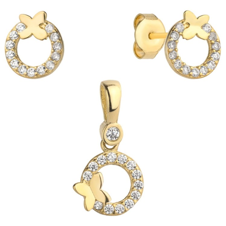 Złoty Komplet Kolczyki + Zawieszka Złoty Motylek w Kółku Wysadzanym Cyrkoniami - Złoto 585 - Prezent na Gwiazdkę.jpg