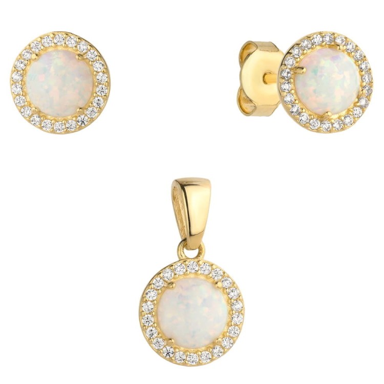 Złoty Komplet Kolczyki + Zawieszka Złoty Opal Otoczony Cyrkoniami - Złoto 585 - Prezent na Dzień Matki.jpg