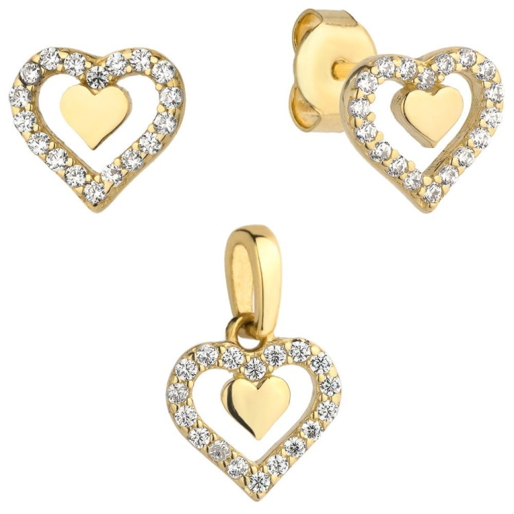 Złoty Komplet Kolczyki + Zawieszka Złote Serduszko w Sercu z Cyrkoni - Złoto 585 - Prezent na Rocznice.jpg