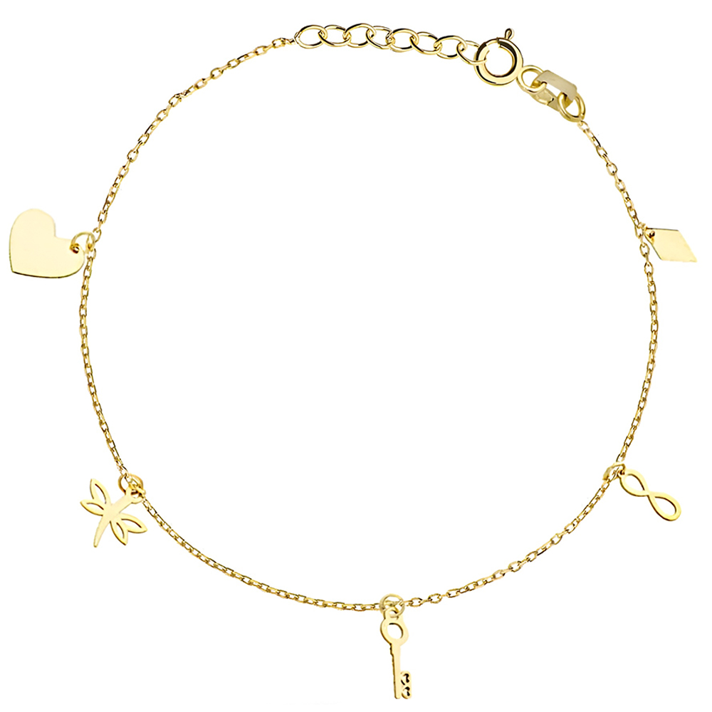 Bransoletka na Nogę Złota 585 Zawieszki Serce Ważka Kluczyk Nieskończoność